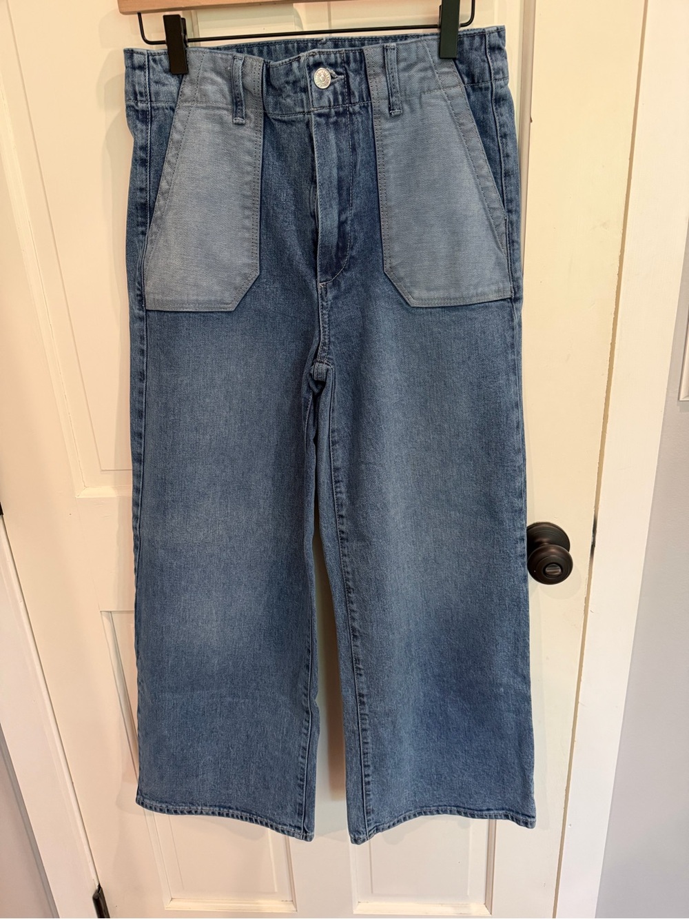 PAIGE Two-Tone Light and Medium Blue Relaxed Wide-Leg Jeans
